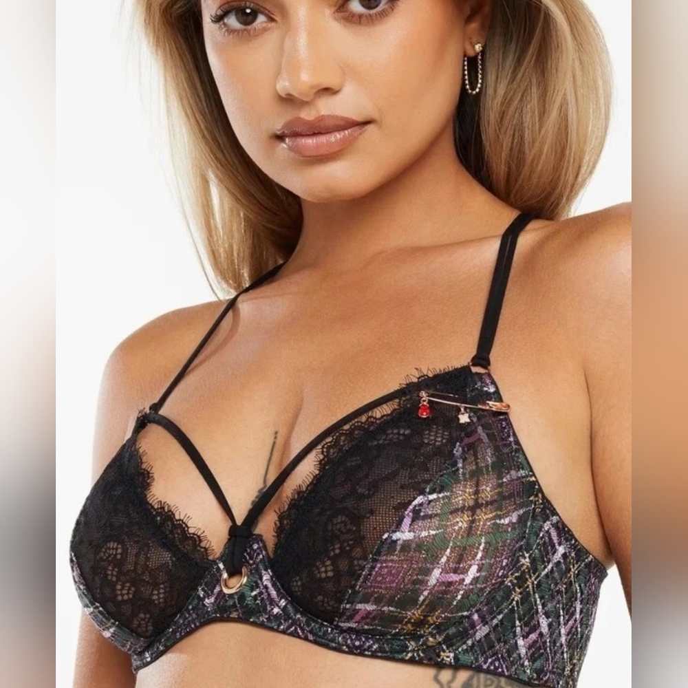 NWT Savage X Fenty A Little Tart Unlined Bra Lace Plaid Women's Bra 34D